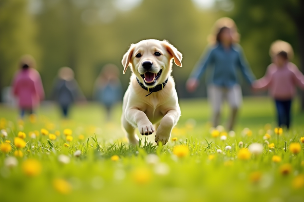 Labrador courant dans un parc en fleurs avec enfants
