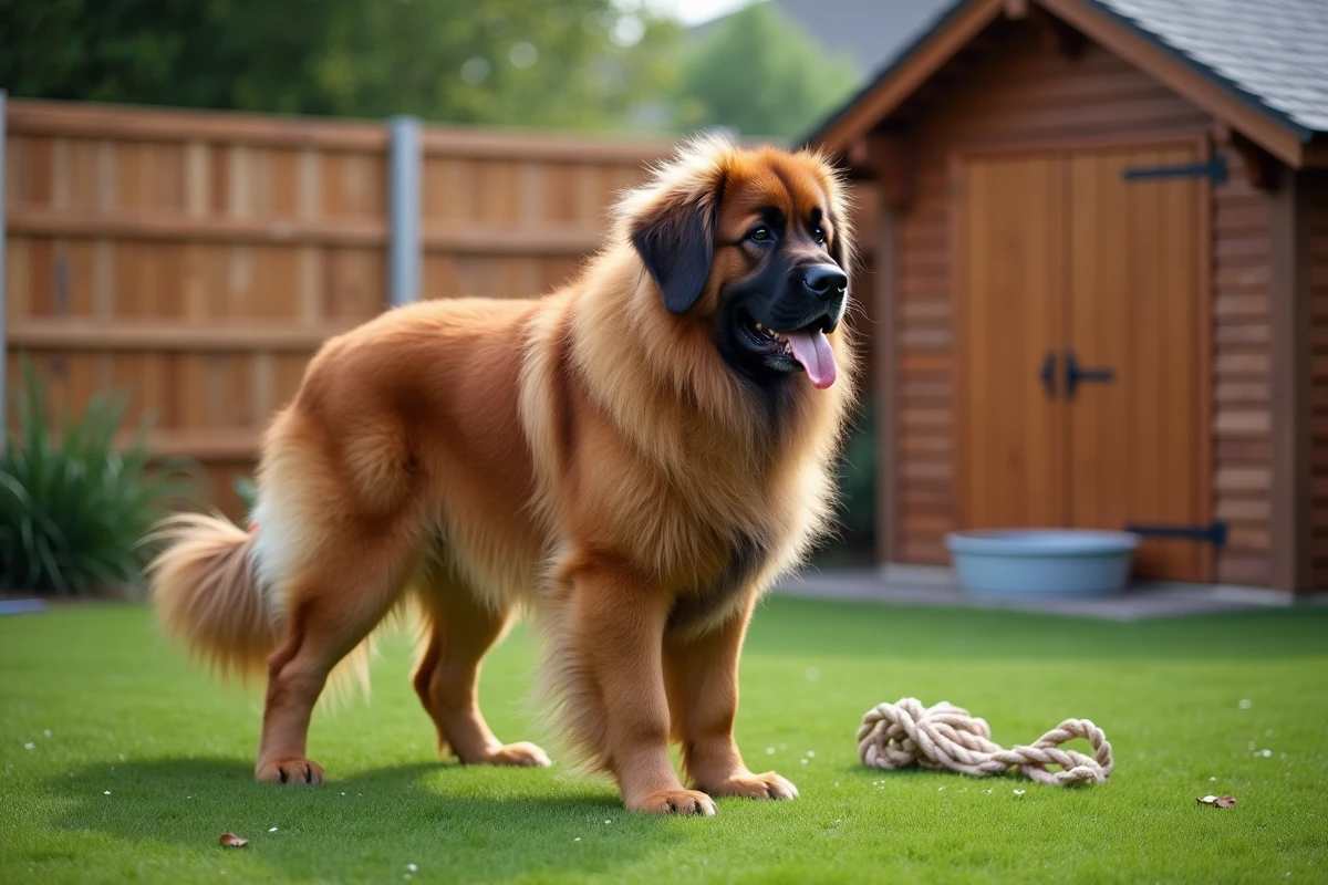 Leonberg majestueux dans un jardin sécurisé avec clôture en bois et accessoires adaptés aux grandes races de chiens