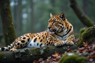 Léopard de l'Amour en danger critique reposant sur un rocher moussu dans une forêt boréale isolée