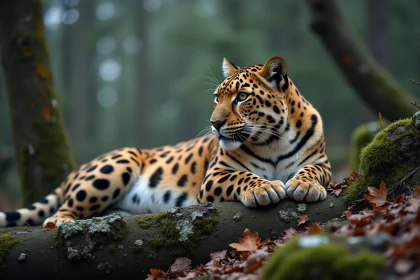 Léopard de l'Amour en danger critique reposant sur un rocher moussu dans une forêt boréale isolée