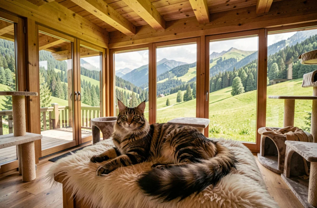Maine Coon installé dans une suite avec vue sur les collines verdoyantes de la pension Les Collines Verdoyantes à Chilly en Haute-Savoie