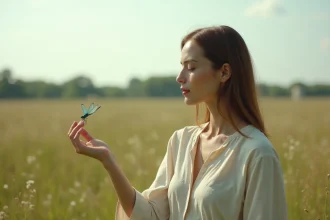 Femme contemplative avec une libellule posée sur son doigt dans une prairie ensoleillée, symbolisant la protection de l'ange gardien