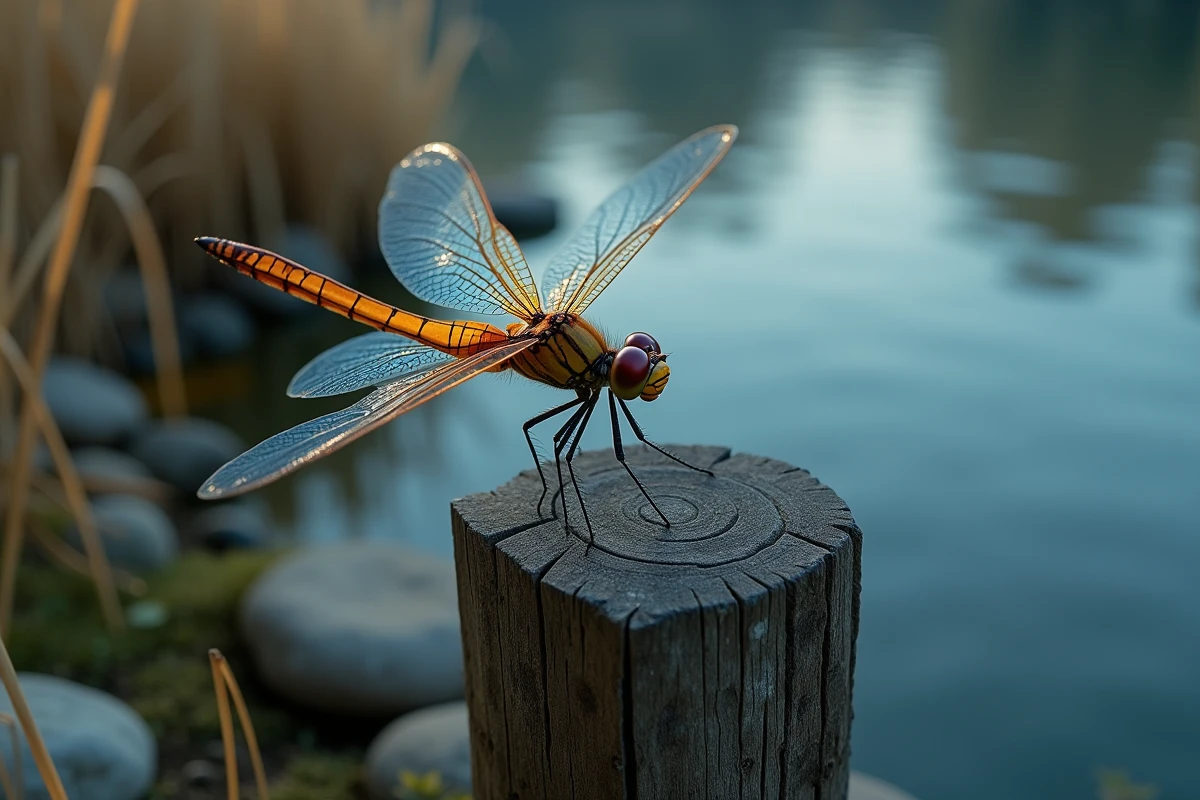 Libellule irisée posée sur un vieux poteau en bois au bord d'un étang calme, symbolisant la guidance spirituelle et la protection