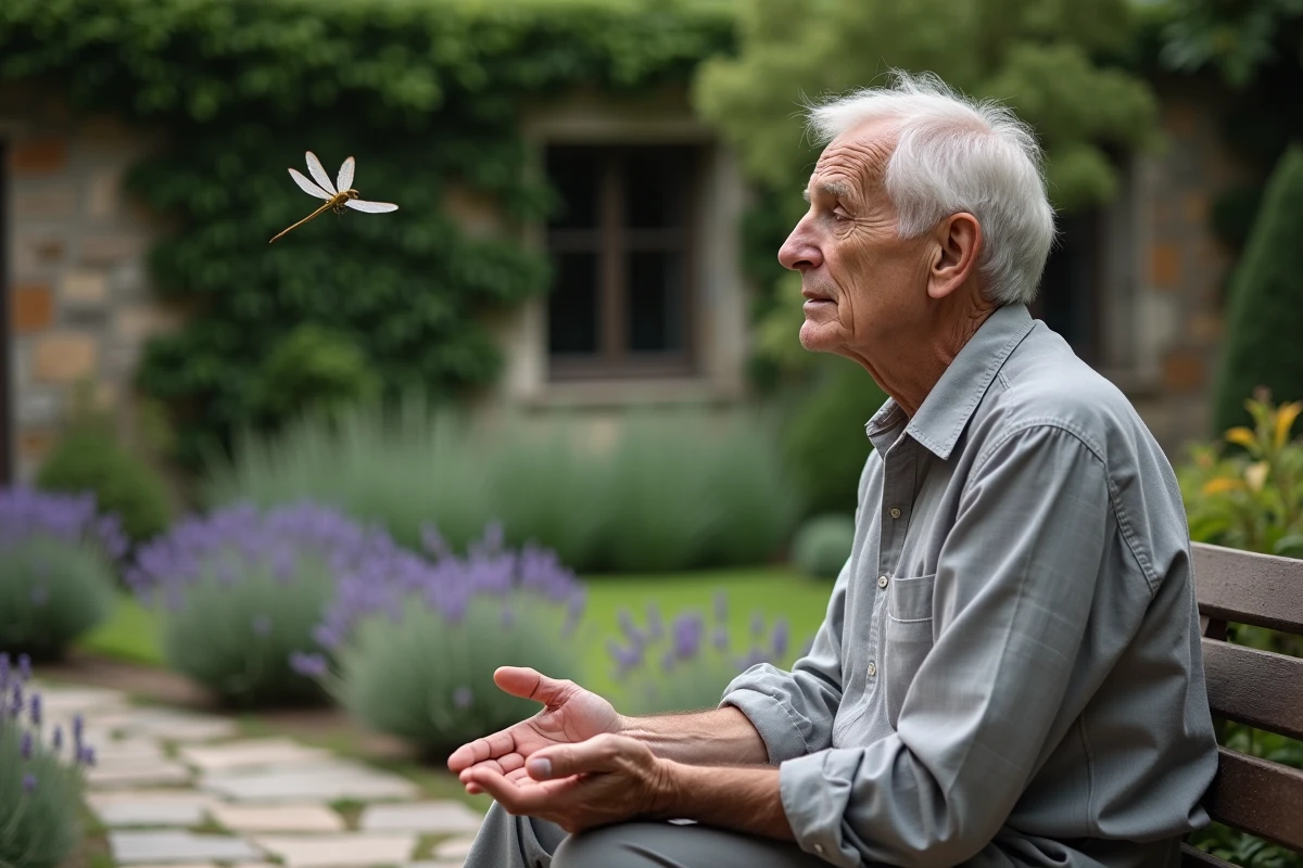 Homme âgé méditatif observant une libellule en suspension dans un jardin paisible, évoquant la présence d'un ange gardien