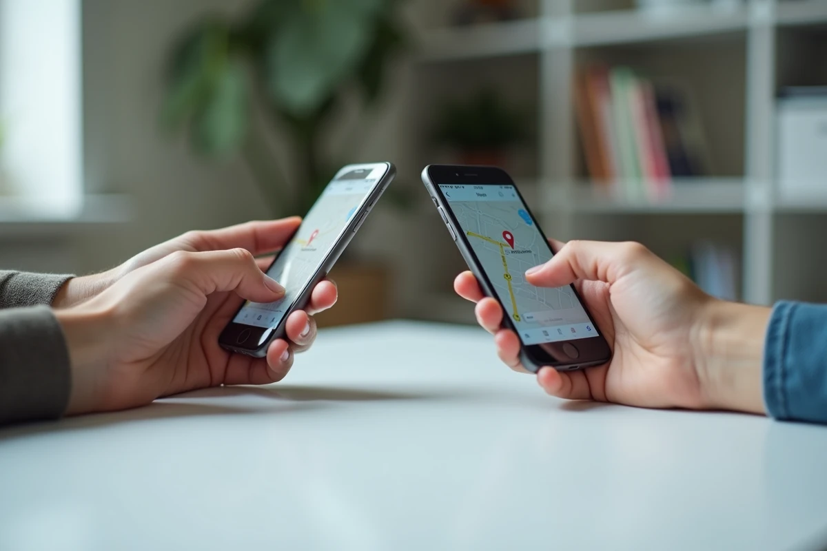 Mains d'un parent et d'un adolescent tenant des smartphones affichant une application de localisation GPS