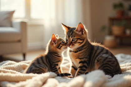 Chaton nuzzling sa mère dans un salon ensoleille