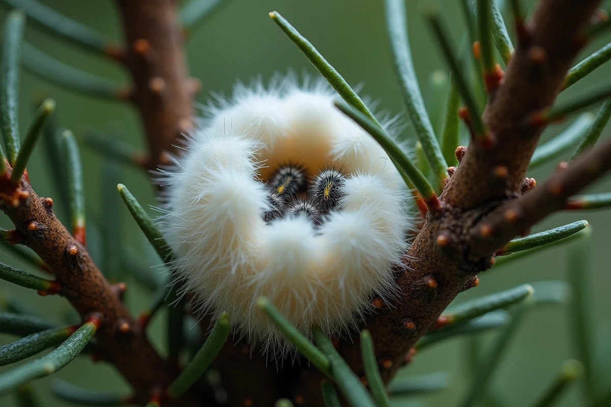 Nid de soie blanc de chenilles processionnaires du pin accroché dans les branches d'un pin