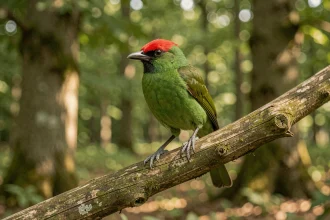 Oiseau vert à tête rouge perché sur une branche en forêt européenne, vue latérale nette avec plumage détaillé
