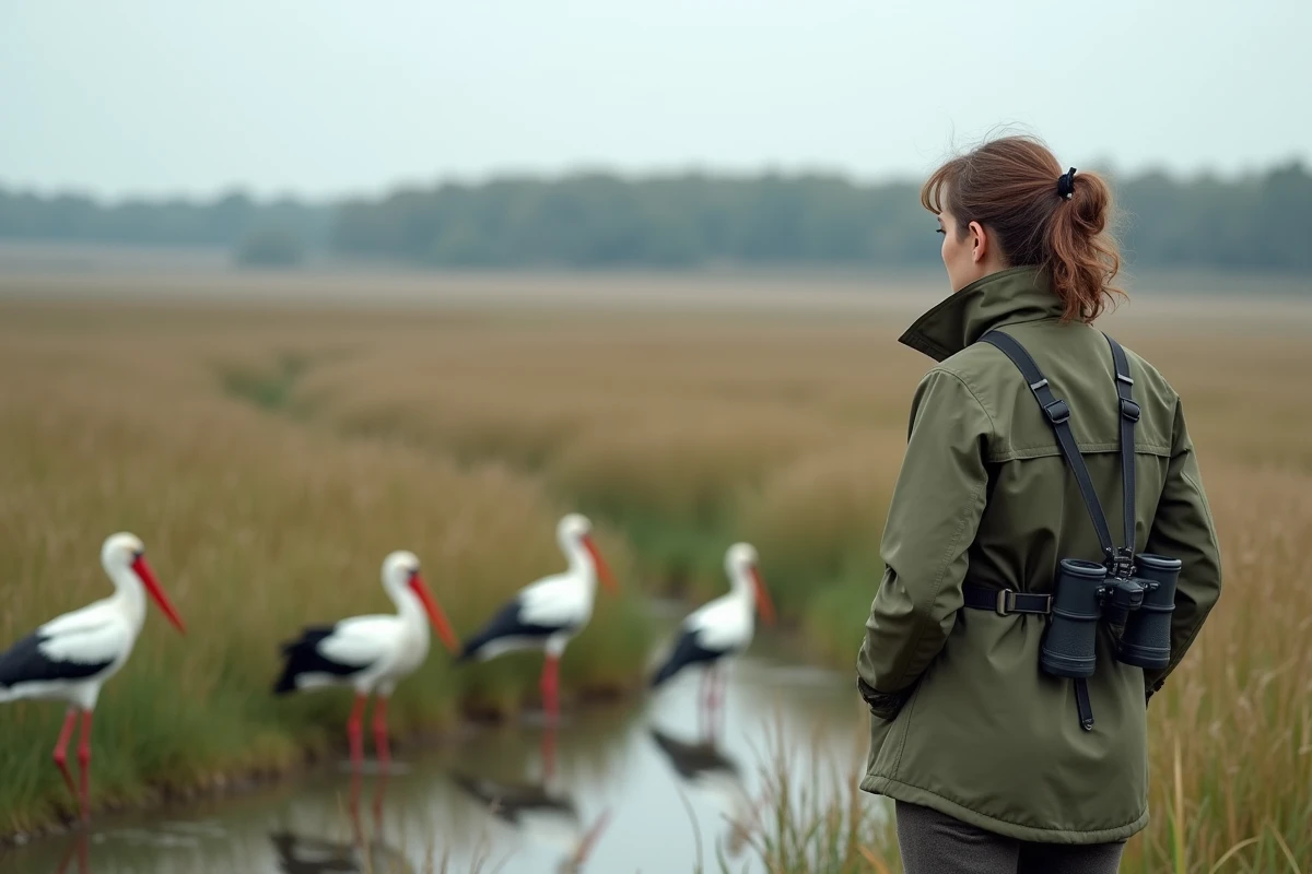 Ornithologue femme observant des cigognes dans une prairie humide avec des roseaux et une rivière en arrière-plan