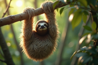 Un ouistiti suspendu dans un arbre en forêt tropicale