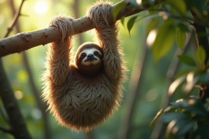 Un ouistiti suspendu dans un arbre en forêt tropicale