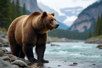 Our sauvage grizzly au bord d'une rivière alpine