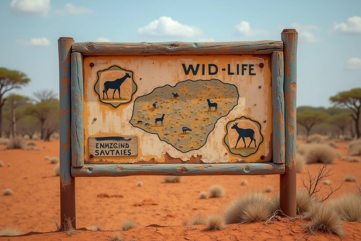 Panneau de réserve naturelle en bois usé à l'entrée d'un sanctuaire animalier avec savane aride en arrière-plan