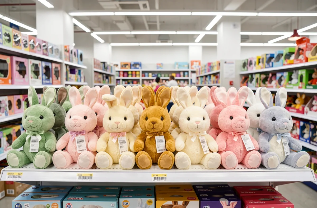 Rangée de peluches Bunny Pal de différentes couleurs sur un rayon de magasin de jouets avec étiquettes de prix