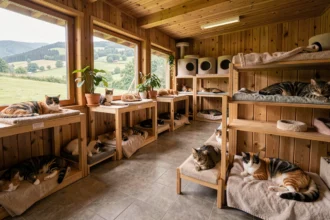 Vue d'ensemble d'une pension pour chats en Auvergne-Rhône-Alpes avec plusieurs chats dans des espaces confortables et individuels