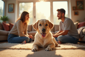 Labrador assis dans un salon chaleureux avec famille