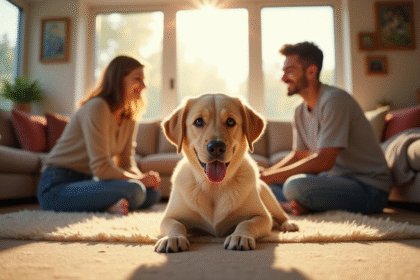Labrador assis dans un salon chaleureux avec famille