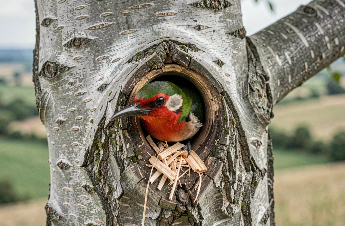 Pic vert sortant de son nid creusé dans un peuplier, vallée du Rhône en France