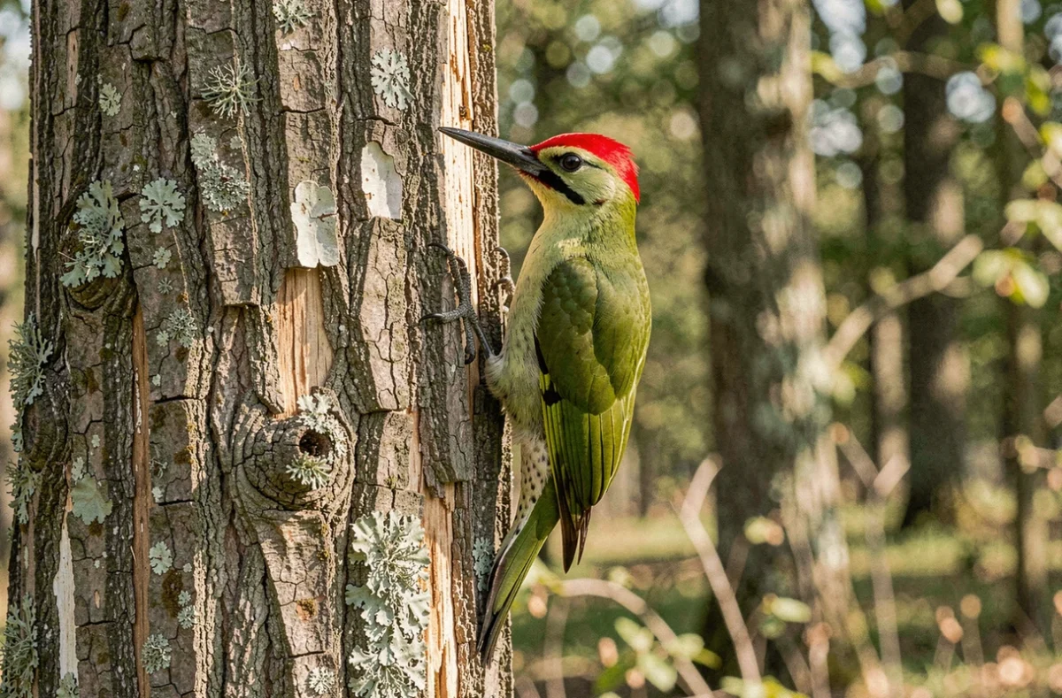 Pic vert à tête rouge agrippé verticalement à un tronc de chêne, plumage vert et rouge bien visible