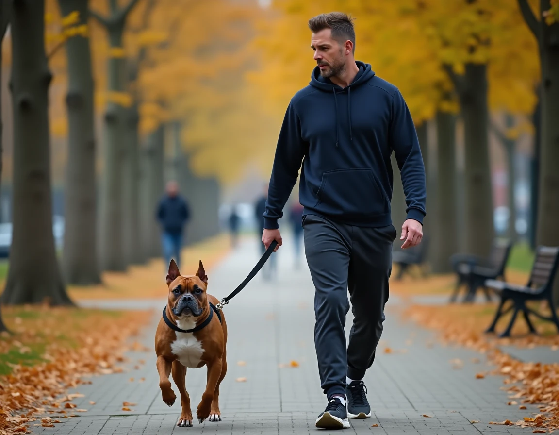 Homme promenant un Pocket Bully tricolore en laisse dans un parc urbain en automne