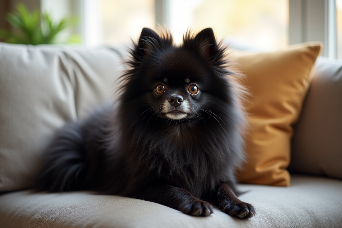 Chien Pomeranian noir assis sur un canapé lumineux