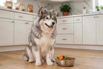 Pomsky adulte assis près de sa gamelle remplie de croquettes dans une cuisine moderne, illustrant une alimentation équilibrée pour chien