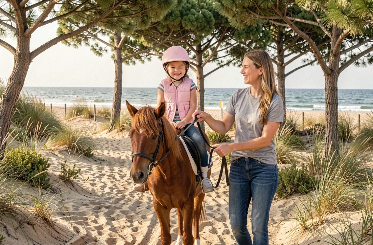 Petite fille souriante en casque rose guidée sur un poney alezan par une monitrice sur un chemin sableux entouré de pins côtiers à La Tranche-sur-Mer