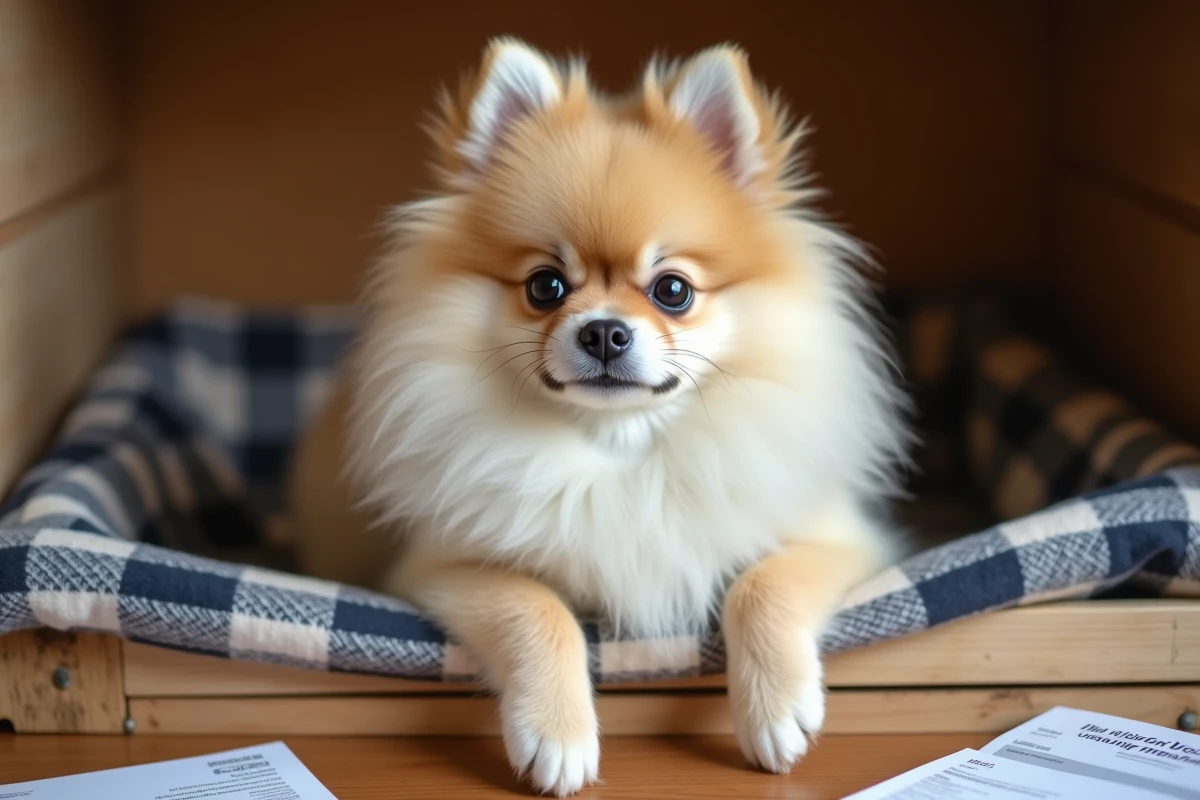 Portrait rapproché d'un chien Boo Poméranien avec carnet de santé et documents d'élevage visibles en arrière-plan