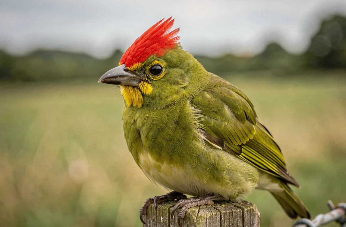 Portrait rapproché d'un oiseau vert à tête rouge sur un piquet de clôture en campagne française