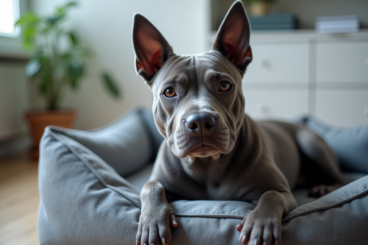 Portrait en gros plan d'un Staffie bleu adulte allongé dans un appartement moderne, évoquant la responsabilité de l'assurance animale
