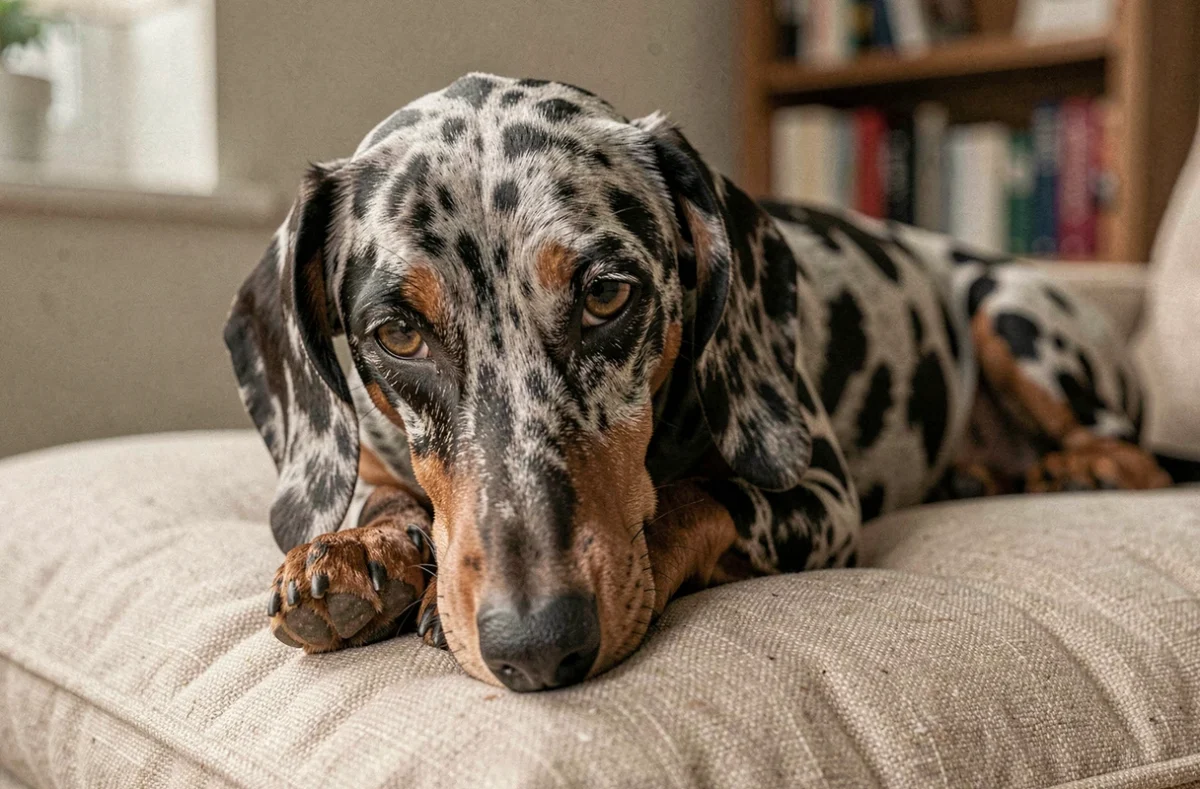 Portrait rapproché d'un teckel arlequin poil ras allongé sur un coussin en lin, mettant en valeur le motif moucheté et bigarré de sa robe