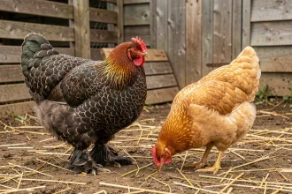 Poule Brahma et poule Orpington côte à côte dans une basse-cour rustique, comparaison des deux races de poules patrimoniales