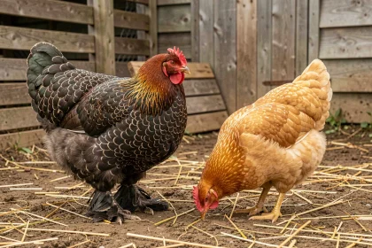 Poule Brahma et poule Orpington côte à côte dans une basse-cour rustique, comparaison des deux races de poules patrimoniales