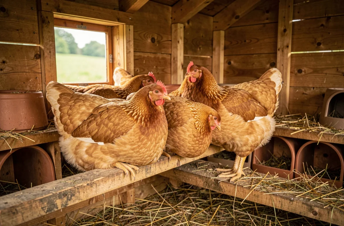 Trois poules Orpington dorées perchées dans un poulailler en bois avec litière de paille, intérieur de poulailler bien entretenu