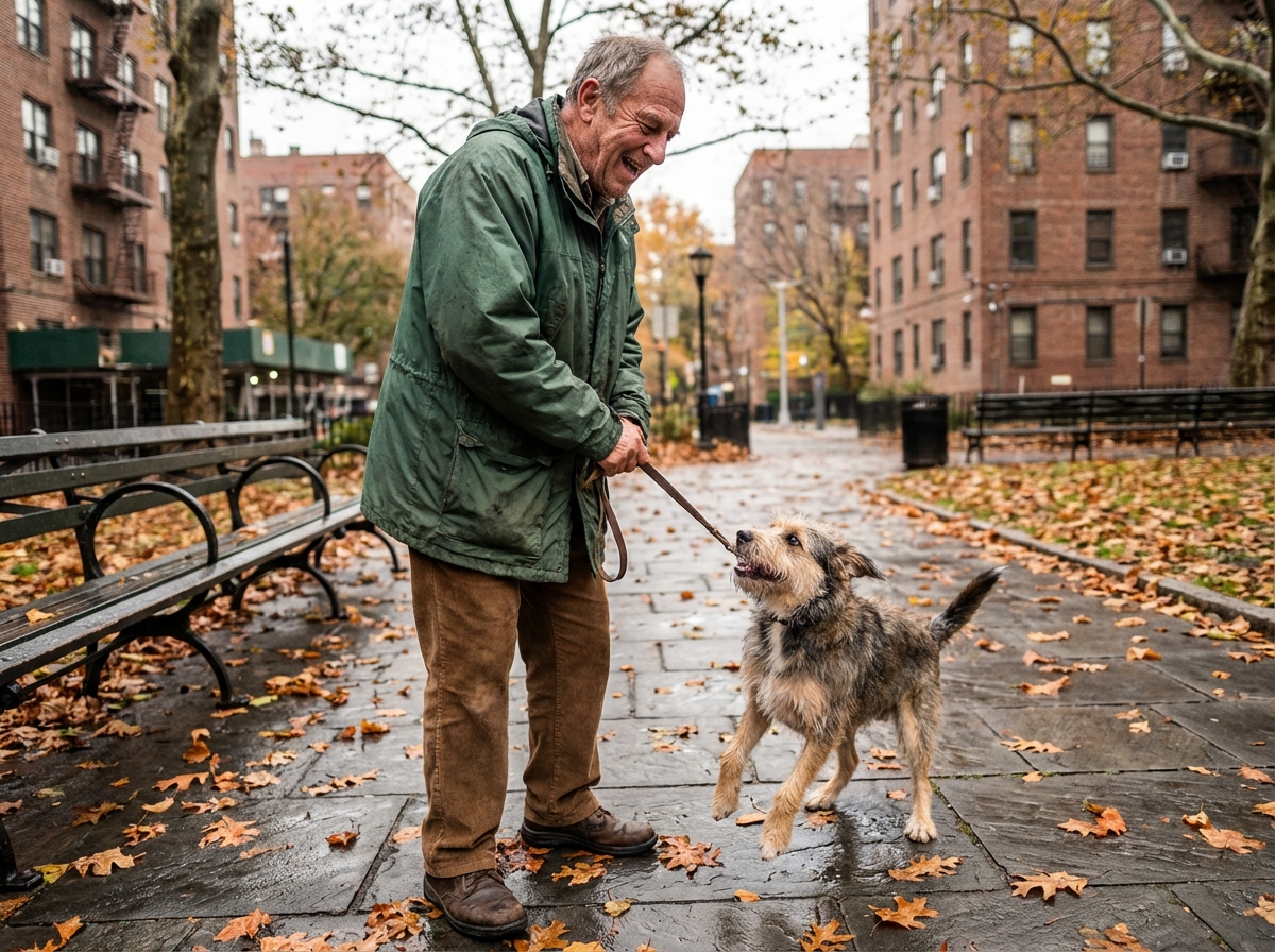 Homme âgé promenant son chien dans un parc en automne