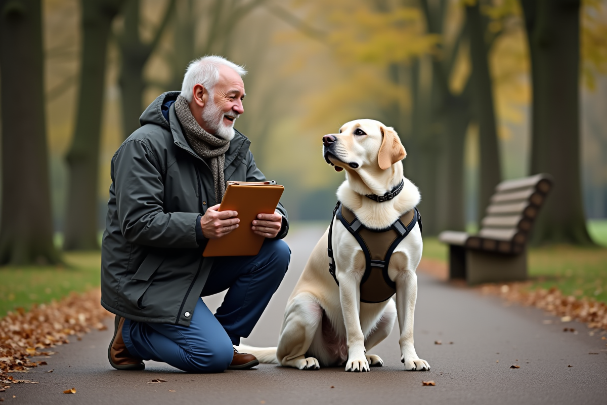 Homme avec chien Labrador dans un parc en automne