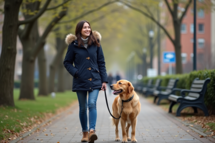 Femme marchant avec son chien dans un parc urbain au printemps