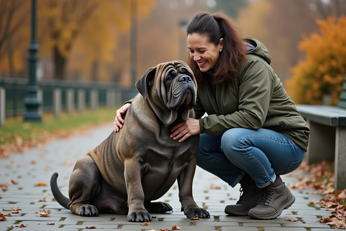 Femme souriante avec son dogue de Naples aux nombreux plis de peau dans un parc en automne