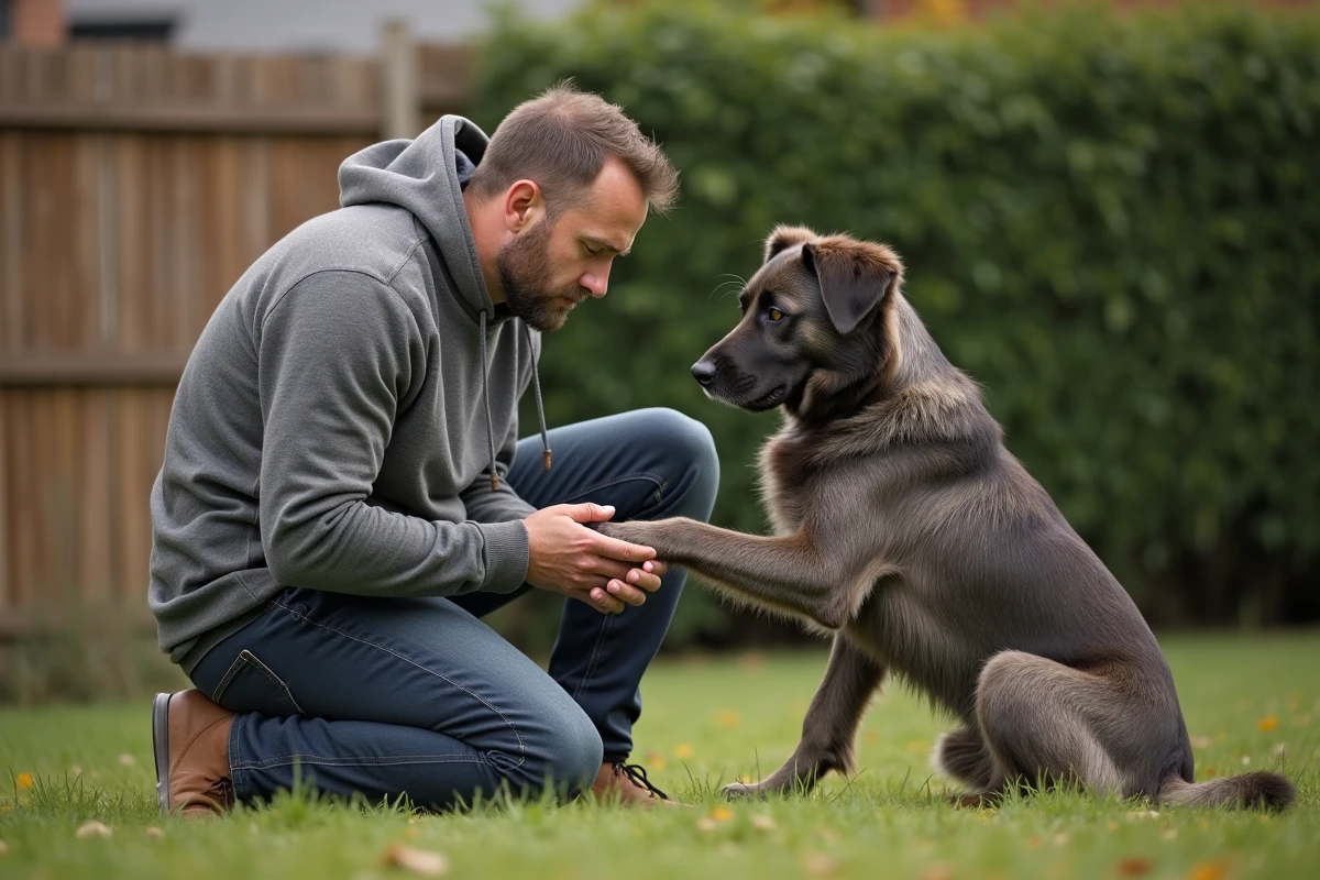 Propriétaire inspectant l'ergot de son Beauceron dans le jardin