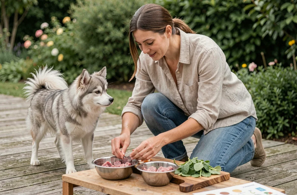 Propriétaire préparant un repas équilibré à base d'aliments frais pour son Pomsky adulte sur une terrasse en bois