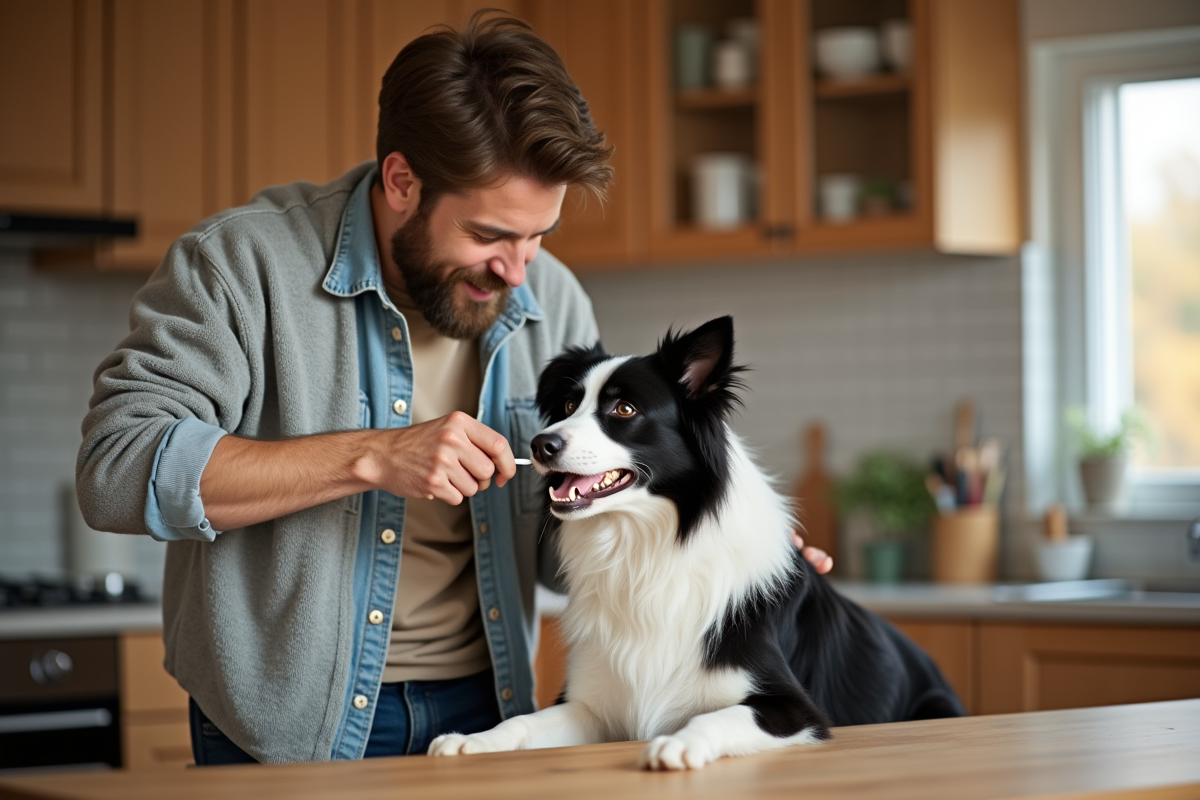 Jeune propriétaire brossant les dents de son chien dans la cuisine