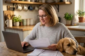 Femme consultant des documents de remboursement vétérinaire avec son golden retriever à la maison