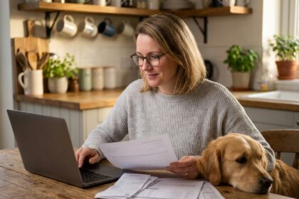 Femme consultant des documents de remboursement vétérinaire avec son golden retriever à la maison