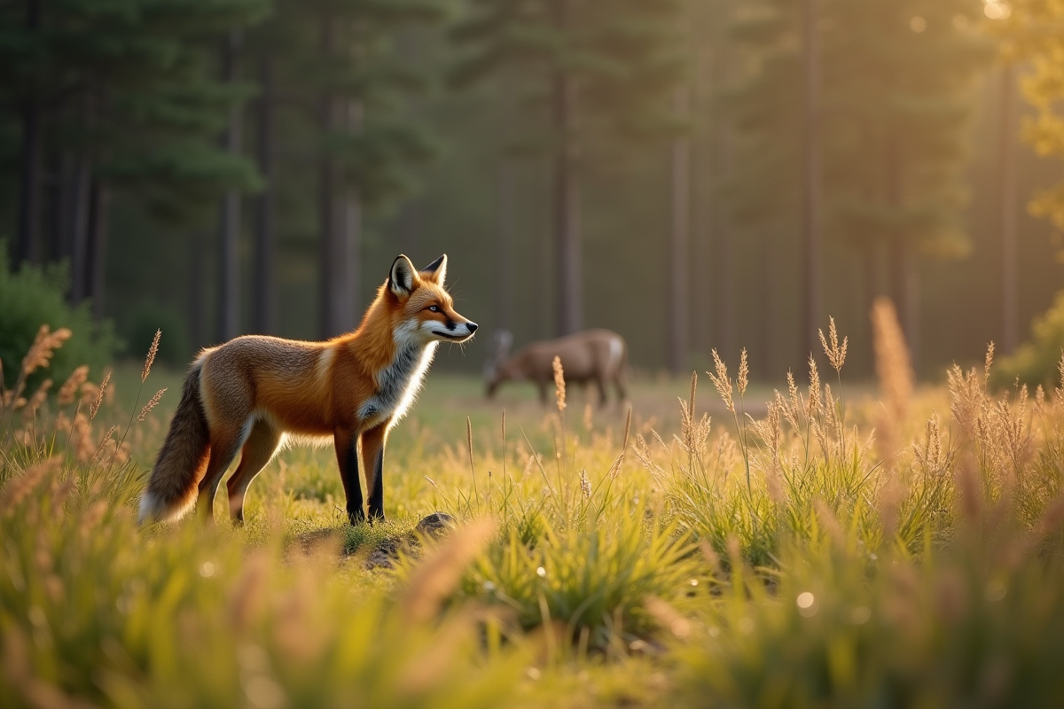 Renard roux observant des cerfs dans la forêt