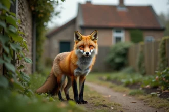 Renard roux en alerte à la lisière d'un jardin rural avec clôture en bois et potager