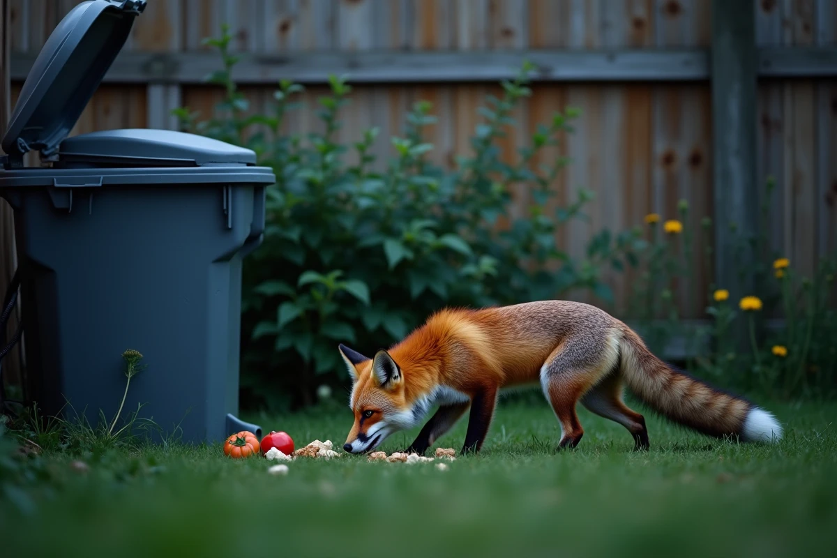 Renard urbain fouillant près d'un composteur dans un jardin de banlieue au crépuscule