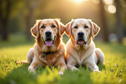 Deux retrievers assis côte à côte dans un parc ensoleillé