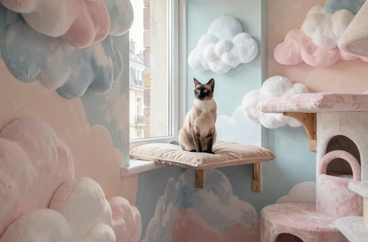 Chat siamois dans la salle décorée et apaisante de la pension Rêve de Chat à Dardilly