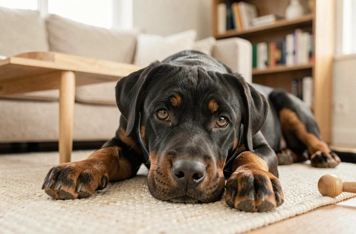 Jeune Rottweiler couché calmement sur un tapis dans un salon moderne, illustrant l'exercice du 'couché' lors du dressage à domicile