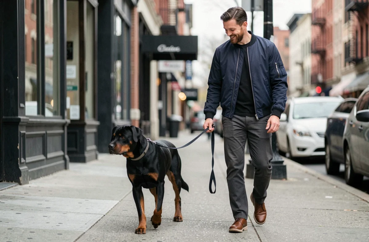 Homme promenant un Rottweiler en laisse détendue sur un trottoir urbain, illustrant un exercice de marche au pied réussi
